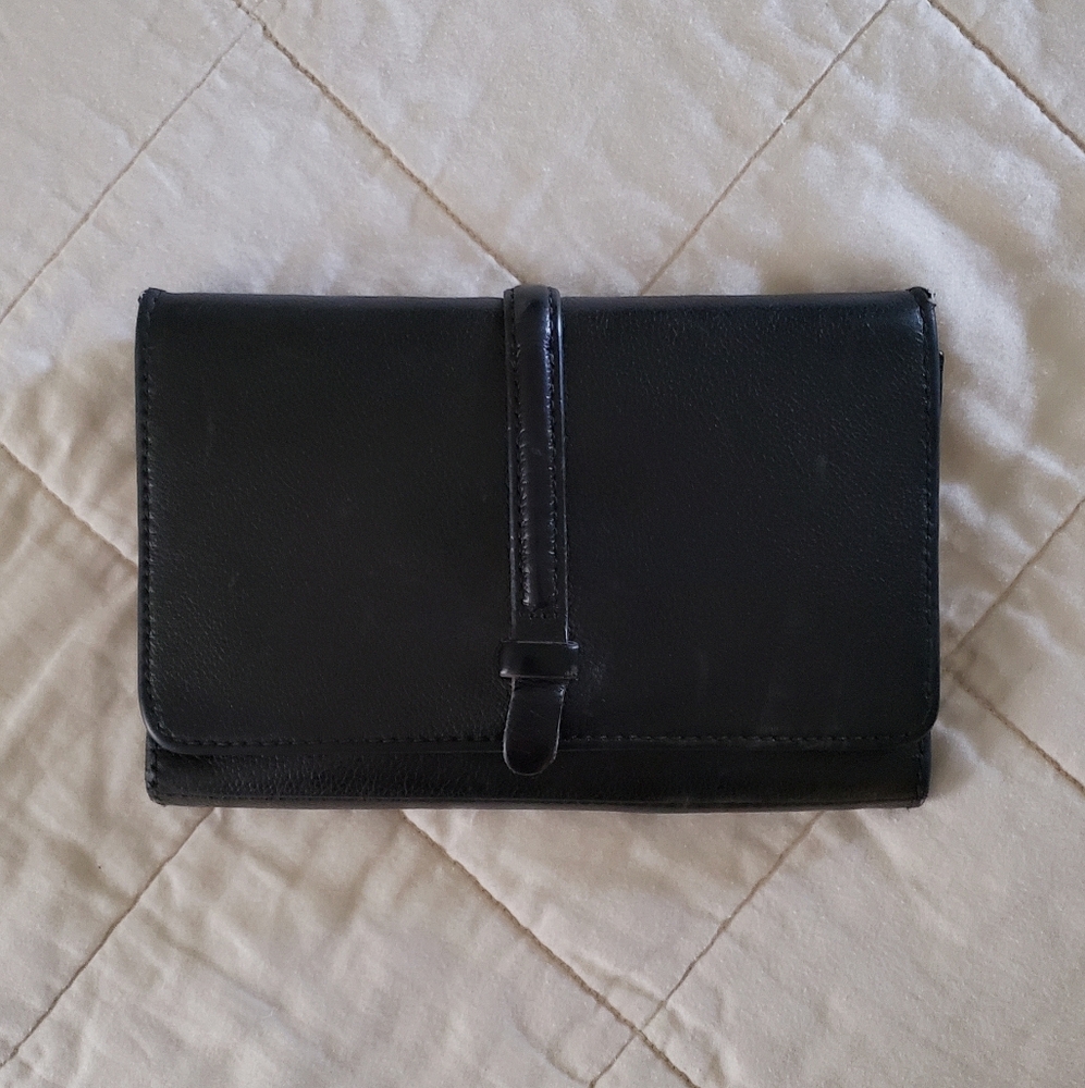 Fossil Leather Wallet Large Black Pebbled Leather Wallet Aged Brass Clutch